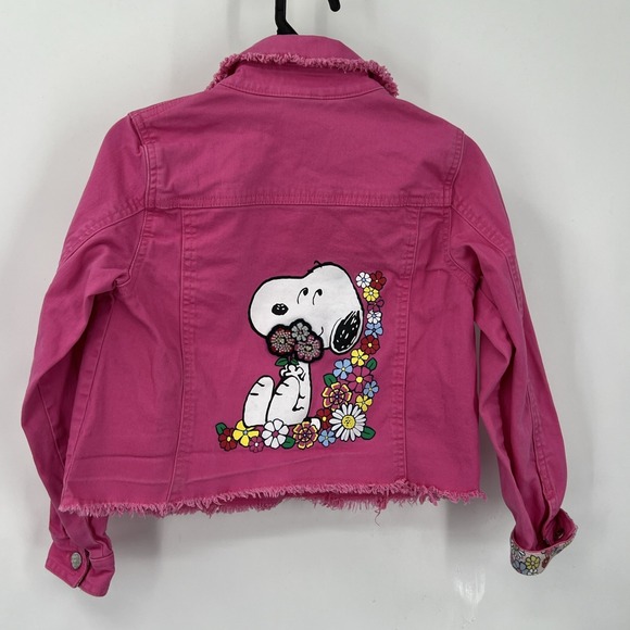 Peanuts Girl's Pink Jean Jacket Snoopy Embroidery Beaded Size 7 Retro - Picture 2 of 7